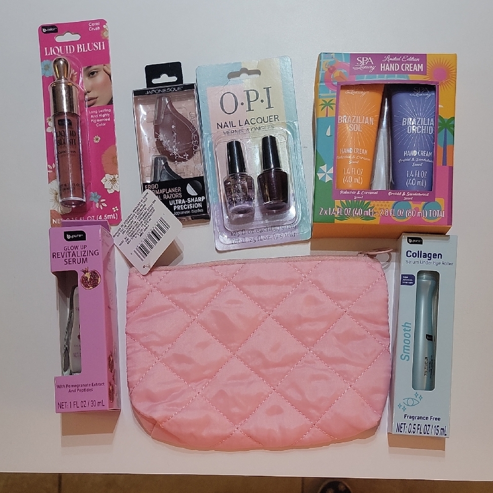 Pink Quilted Cosmetic Bag with Beauty Products